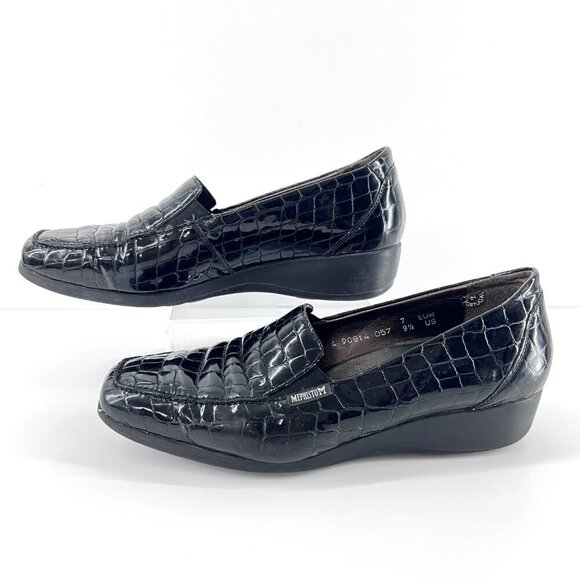 Mephisto Celka‎ Croc Emboss Patent Black Leather Wedge Slip On Loafers Size 9.5 - Picture 1 of 15